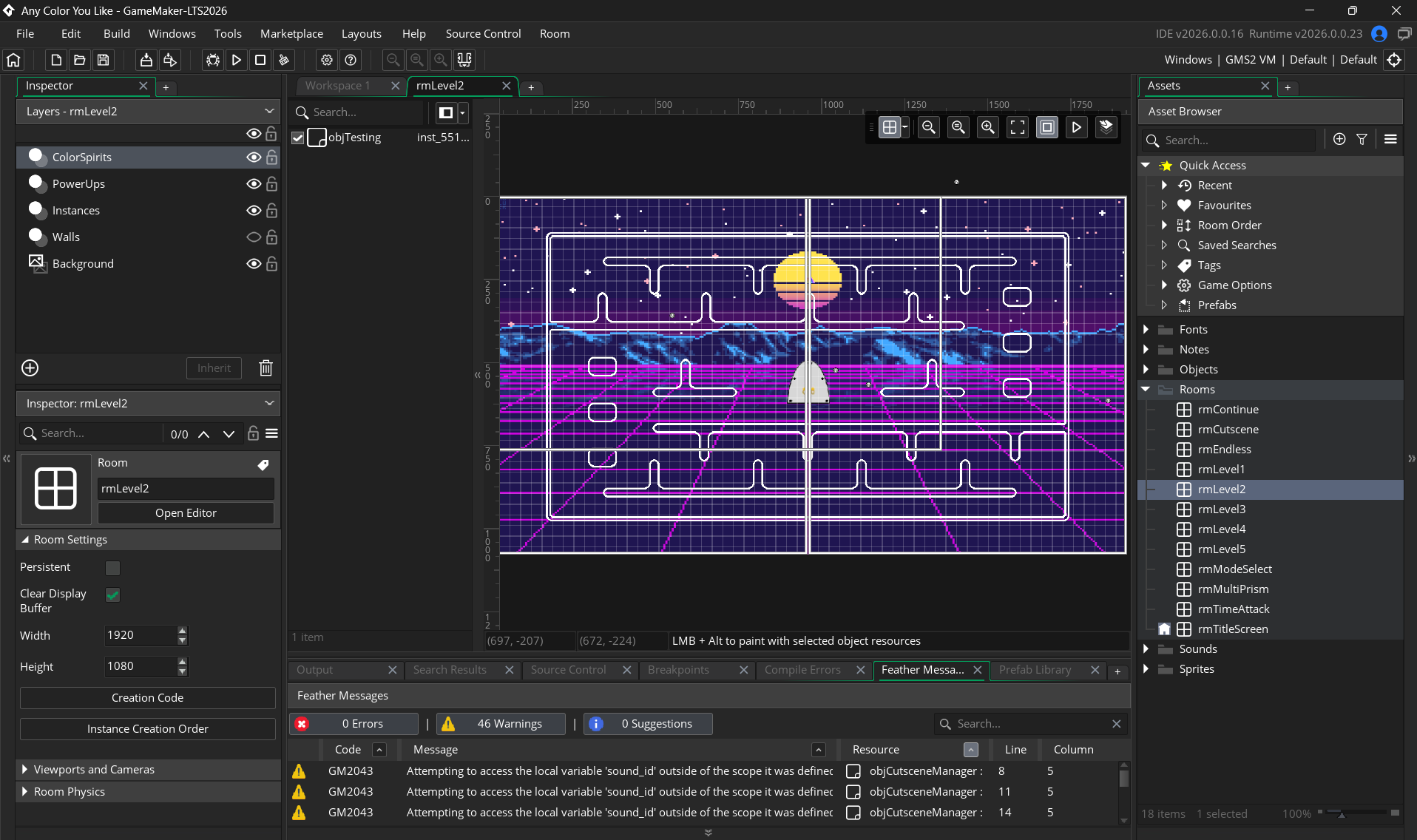 Any Color You Like level being edited in GameMaker Studio 2