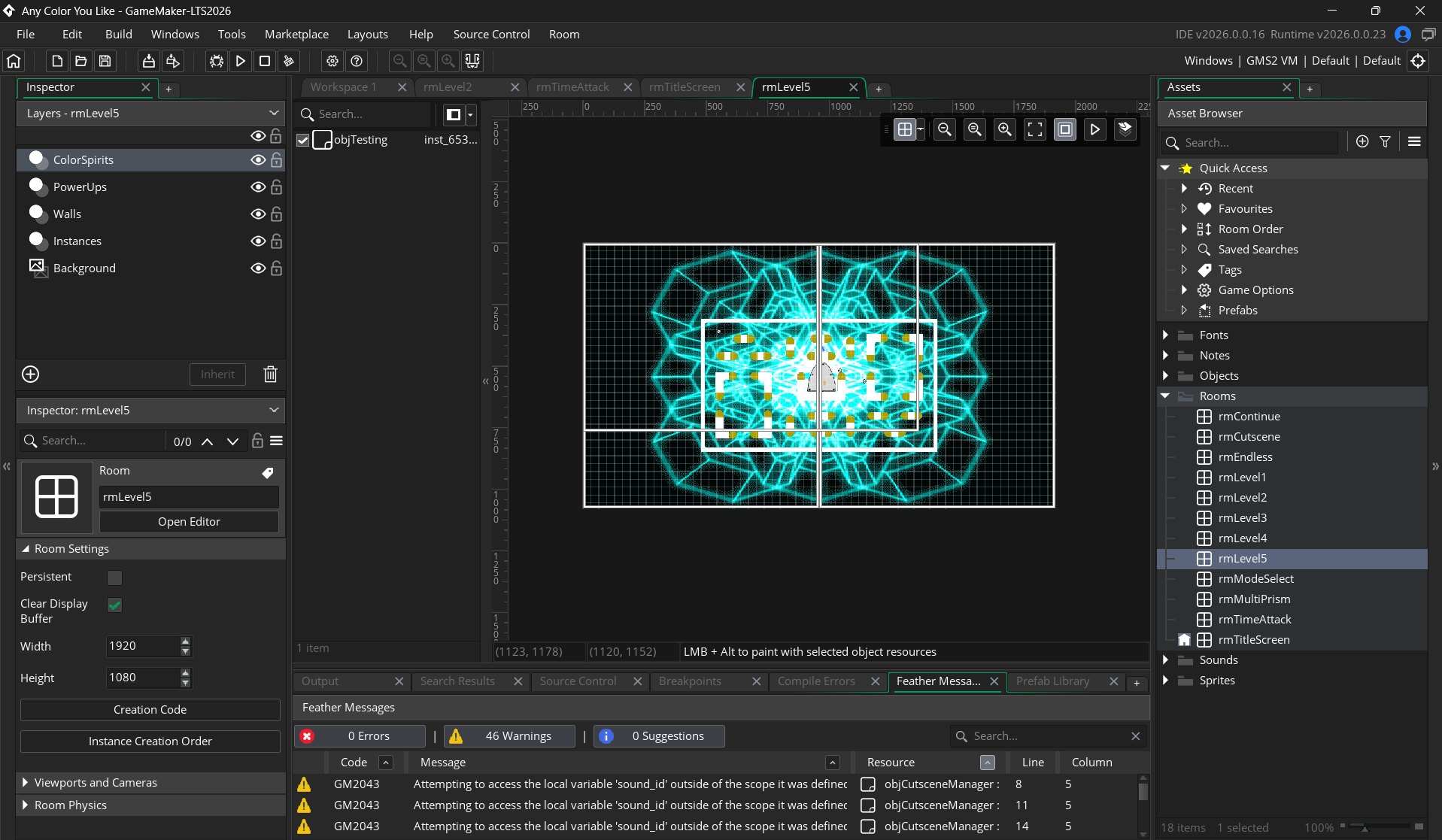 Another Any Color You Like level being edited in GameMaker Studio 2
