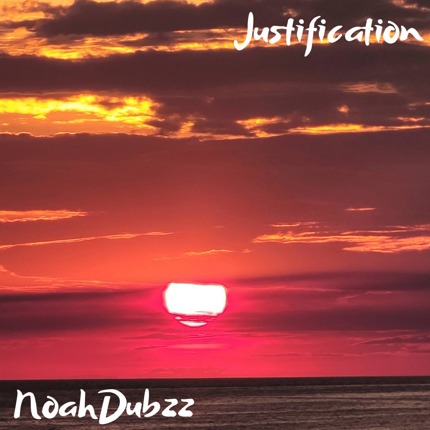 Justification instrumental album cover featuring a sunset over the ocean